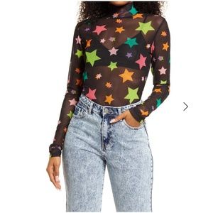 BP BE PROUD Unisex PRIDE Neon RAINBOW Stars Sheer MESH Mock Turtleneck Top XS